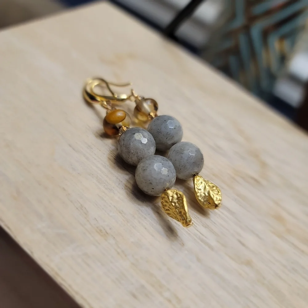 Handmade Labradorite & Volcano Cherry Quartz Dangle Earrings Gold Leaf Charm